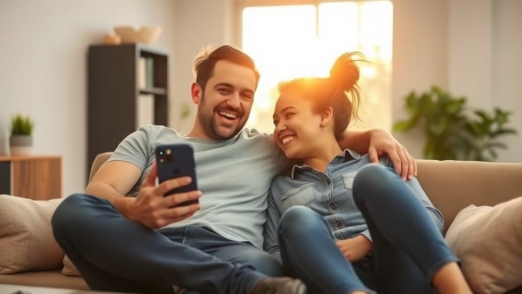 Couple checking lottery results together and smiling